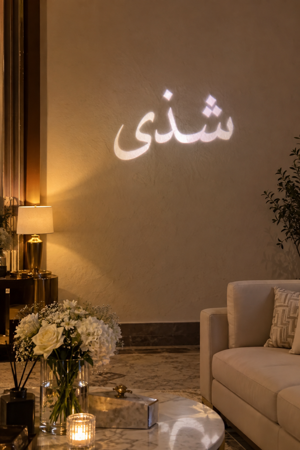 إسقاط واقعي لاسم شذى على جدار داخلي