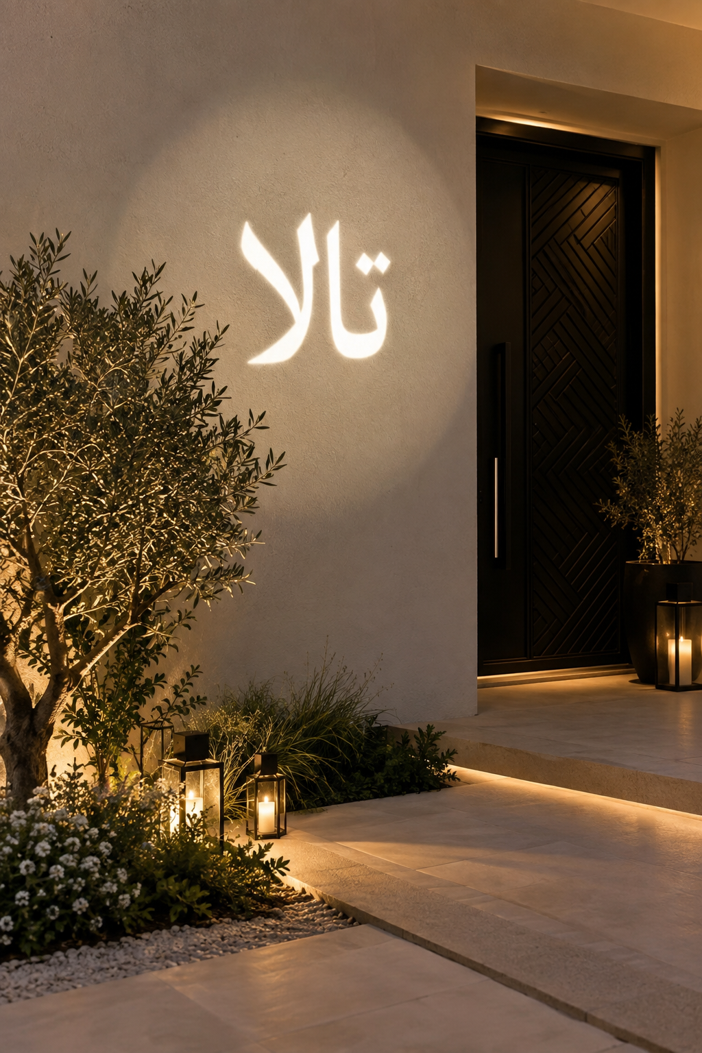 إسقاط واقعي لاسم تالا على جدار منزل